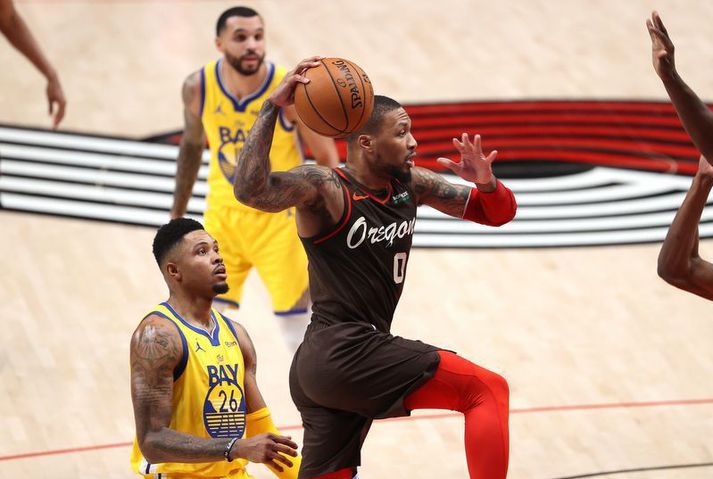 Damian Lillard í leiknum með Portland Trail Blazers á móti Golden State Warriors í nótt.