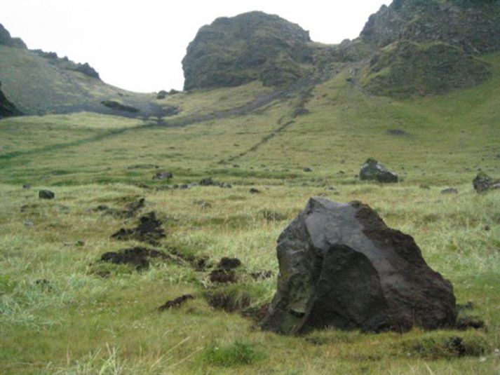 Hér sést  grjótið og slóðinn eftir það. Mynd/ Gísli.