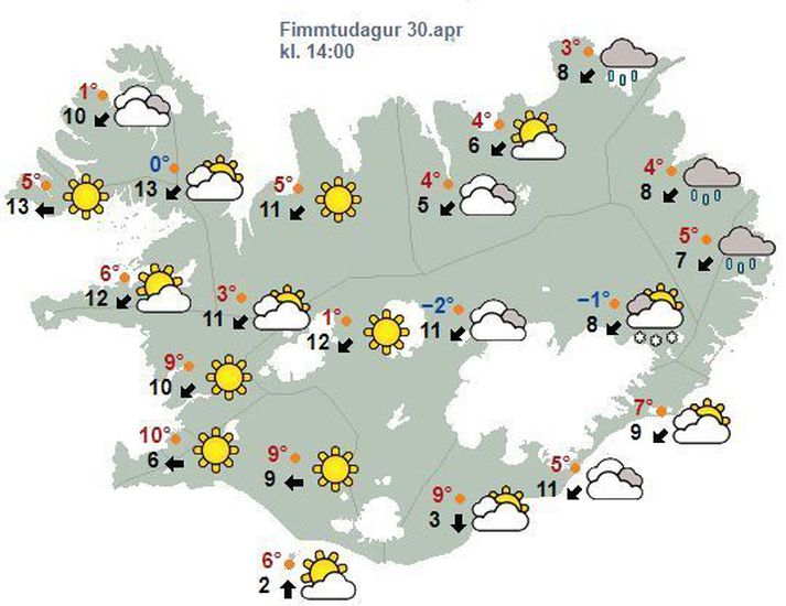 Spákort Veðurstofunnar fyrir klukkan 14 í dag, eins og það leit út klukkan 7 í morgun.