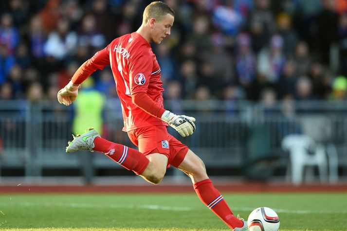 Hannes Þór Halldórsson, markvörður íslenska landsliðsins, í leiknum gegn Lettlandi.