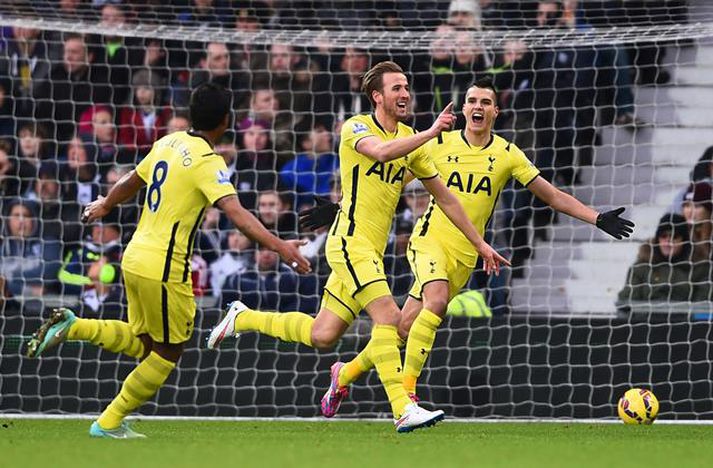 Harry Kane skoraði tvö mörk fyrir Tottenham gegn WBA í dag.