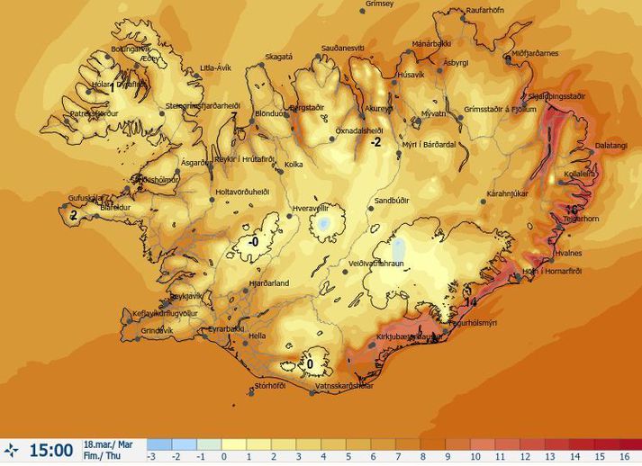 Hitaspákort Veðurstofunnar lítur sérstaklega vel út fyrir Austurland.