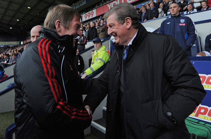 Kenny Dalglish og Roy Hodgson, forveri hans og núverandi stjóri West Brom, heilsast fyrir leik liðanna í dag.