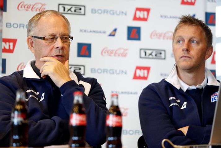Lars og Heimir á blaðamannafundinum í dag.