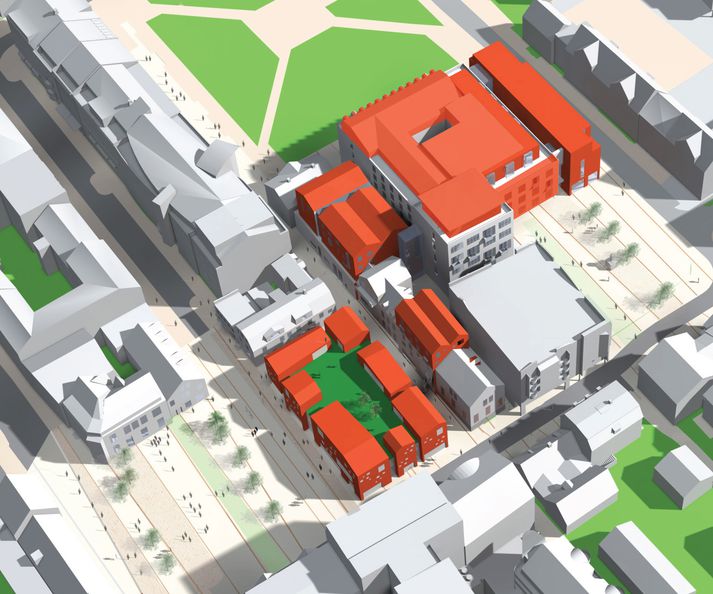 Vinningtillagan. Rauði flöturinn eru nýbyggingar sem verða gerðar.