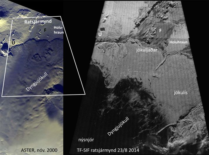 Myndirnar eru teknar úr flugvél Landhelgisgæslunnar TF-Sif og úrvinnsla var gerð af Jarðvísindastofnun HÍ.