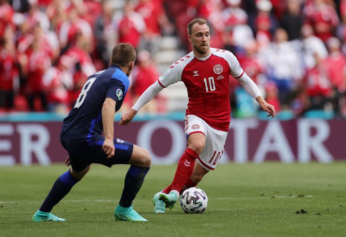 Christian Eriksen í leiknum fræga gegn Finnlandi sem þar sem hann fór í hjartastopp.