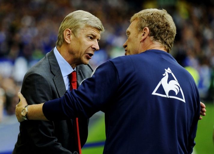 Arsene Wenger og David Moyes heilsast fyrir leikinn í dag.
