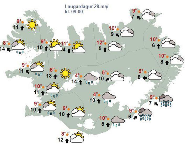 Áfram veðrur skýjað og rigning á Suður- og Vesturlandi en bjartviðri og þurrt á Norður- og Austurlandi.