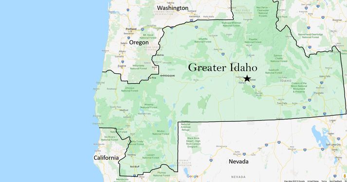 Kort sem sýnir landamæri Stærra Idaho.