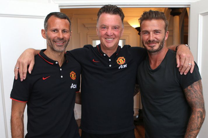 Louis van Gaal, knattspyrnustjóri Manchester United, með Ryan Giggs og David Beckham.