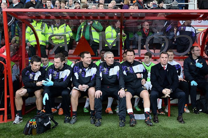 Brendan Rodgers er hér lengst til hægri fyrir bikarleikinn á móti Bournemouth um síðustu helgi.