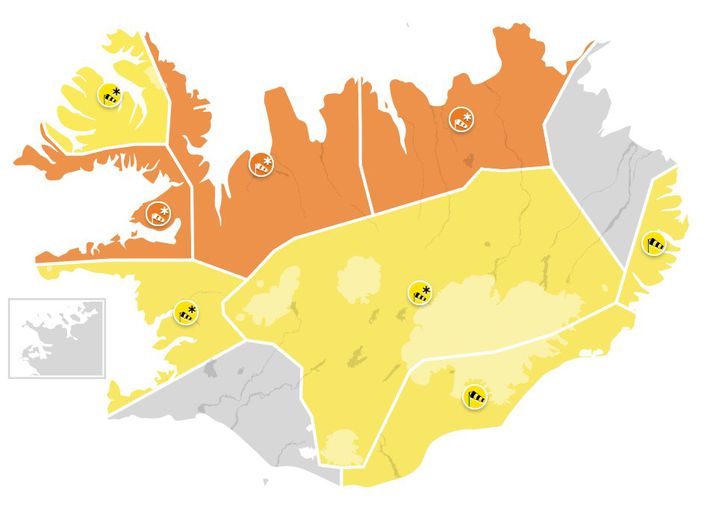 Svona er staðan á viðvörunum veðurstofu á hádegi í dag.