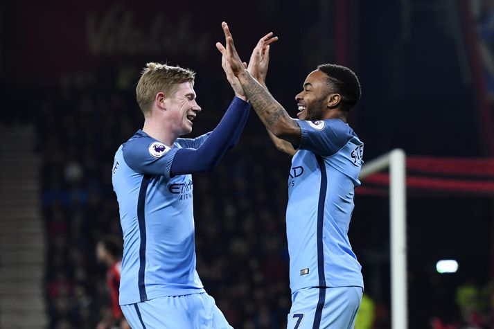 De Bruyne og Sterling fagna saman marki í vetur.