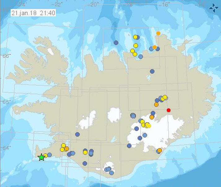 Staðsetning skjálfta 21. janúar klukkan 21:40.