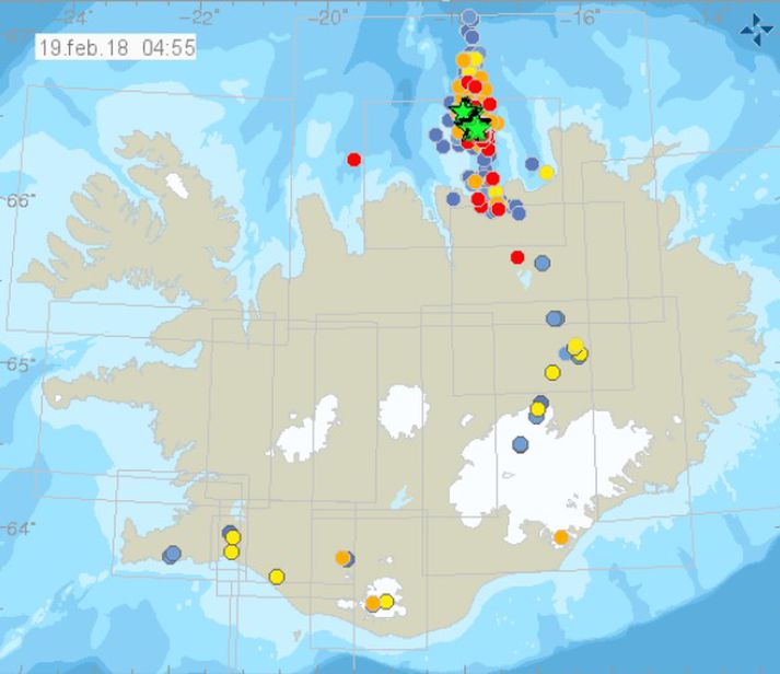 Svona leit skjálftakort Veðurstofunnar út skömmu fyrir klukkan 5 í morgun.