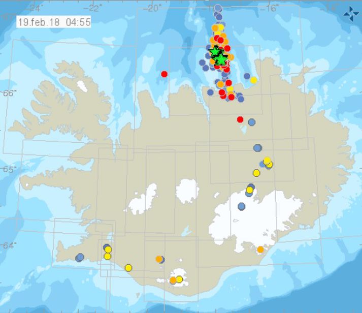 Svona leit skjálftakort Veðurstofunnar út skömmu fyrir klukkan 5 í morgun.