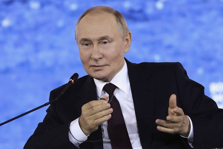 Vladimír Pútin, forseti Rússlands, á ráðstefnu í austurhluta Rússlands í morgun.