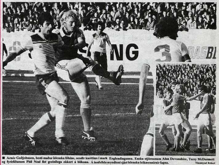 Mynd af Arnóri Guðjohnsen að koma Íslandi yfir á móti Englandi var á forsíðu Tímans eins og sjá má hér.