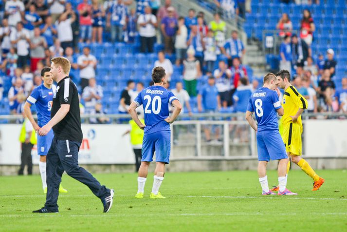 Leikmenn Lech Poznan svekktir eftir úrslitin í Póllandi í gærkvöldi.