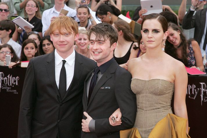 Rubert Grint, Daniel Radcliffe og Emma Watson, sem léku aðalhlutverkin í myndunum átta um Harry Potter, árið 2011.