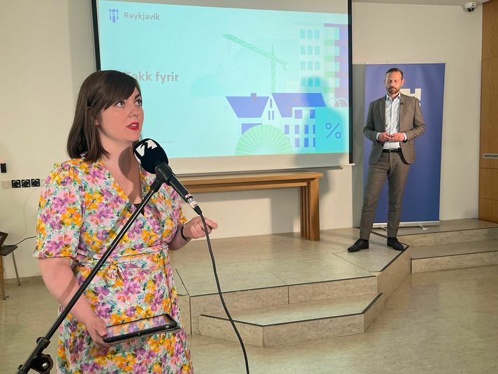 Dóra Björt tók til máls á blaðamannafundi borgarstjórnar í dag.