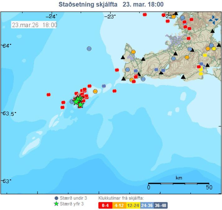 Skjálftarnir hafa verið um 25 kílómetra suðvestur af Eldey.
