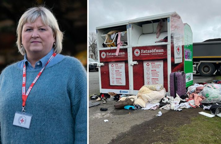 Guðbjörg á ekki von á því að Rauði krossinn endurskipuleggi tæmingu þegar svo stutt er í að Sorpa taki við verkefninu. Á myndinni til hægri er má sjá hvernig staðan var við Klambratún í vikunni. 