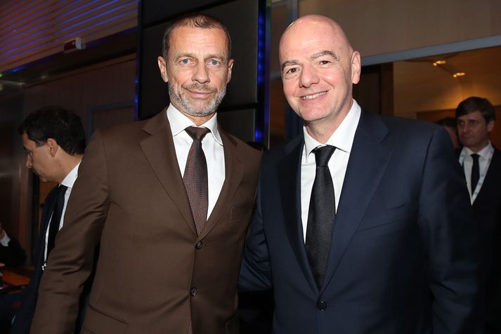 Aleksander Čeferin, forseti UEFA og Gianni Infantino, forseti FIFA. Það er orðið ljóst að þeir vinna ekki saman í næstu framtíð og ef Infantino heldur áfram mun UEFA mögulega yfirgefa FIFA.