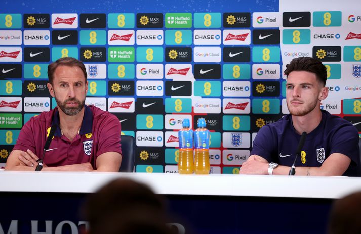 Southgate og Rice sátu fyrir svörum á blaðamannafundi nú síðdegis á æfingasvæði Tottenham.