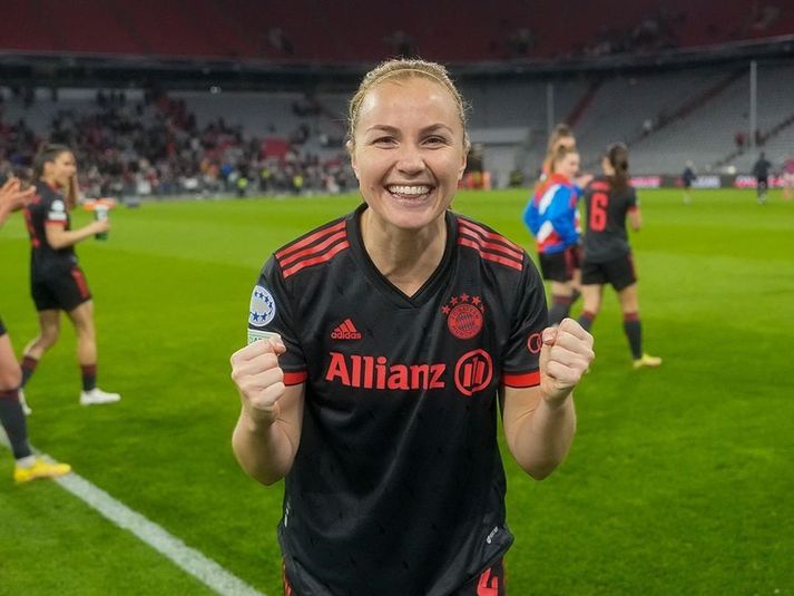 Glódís Perla Viggósdóttir hafði góða ástæðu til að fagna eftir sigur og frábæran leik gegn Arsenal í gærkvöld.