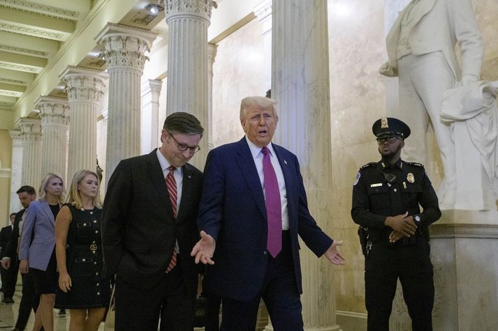 Donald Trump, forseti, og Mike Johnson, forseti fulltrúadeildarinnar, í þinghúsi Bandaríkjanna í dag.