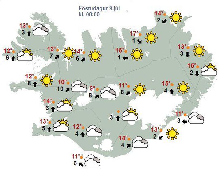 Hitinn nær yfir 20 gráður þar sem heitast er á Austurlandi.