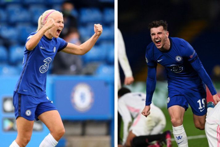 Pernille Harder og Mason Mount fagna marki fyrir sín lið. Chelsea er að gera frábæra hluti hjá bæði körlum og konum á þessu tímabili.