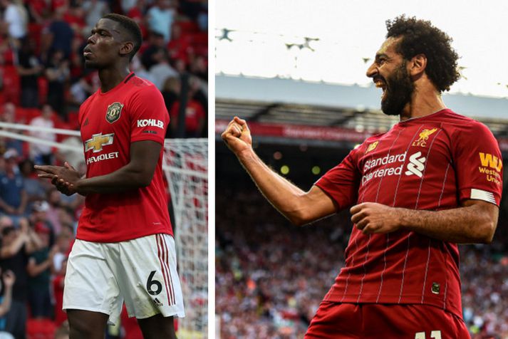 Liverpool treyjan selst mjög vel þessi misserin og margir skella nafni og númeri Mohamed Salah aftan á sína treyju. Hér fagnar Salah en Paul Pogba er ekki eins kátur.