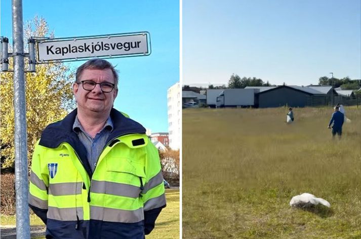 Hjalti Jóhannes Guðmundsson er skrifstofustjóri borgarlandsins. Hægra megin sjást íbúar Grafarvogs slá túnið við Sóleyjarima.