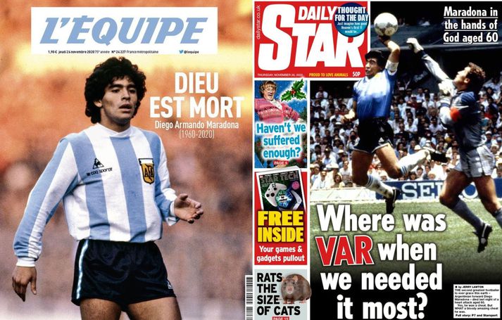 Diego Maradona er forsíðum eins ólíkra blaða og L'Equipe og Daily Star. Eins og mörg ensk blöð býður Daily Star upp á fyrirsögnina að Maradona sé nú í höndum Guðs á meðan L'Equipe vitnar í Friedrich Nietzsche og fræg ummæli hans um Guð.