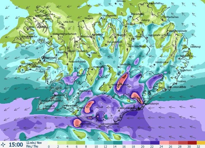 Vindaspá Veðurstofunnar klukkan 15 í dag.