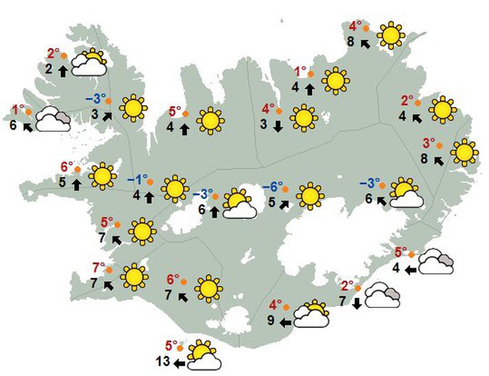 Svona verður veðrið kl.17 á morgun, mánudag, samkvæmt Veðurstofu Íslands.
