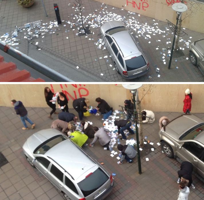 Vegfarendur sýndu svo sannarlega samhug í verki.