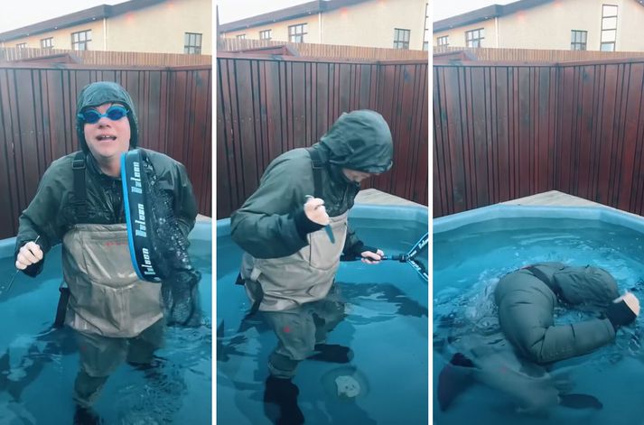 Árni Árnason í kafarabúningi sem Ugla tré sem er byrjuð að æfa sig fyrir eldislaxveiðar.