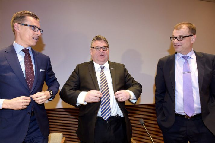 Alexander Stubb, fráfarandi forsætisráðherra og formaður Þjóðarbandalagsins,Timo Soini, leiðtogi Sannra Finna, og Juha Sipilä, leiðtogi Miðflokksins.