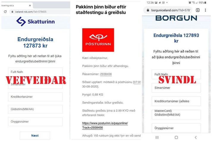 Dæmi um netsvindl síðustu vikna má sjá hér fyrir ofan: frá Skattinum, Póstinum og Borgun. Skjáskotin af svikapóstunum undir merkjum Skattsins og Borgunar eru fengin af Facebook-síðu Lögreglunnar á höfuðborgarsvæðinu.