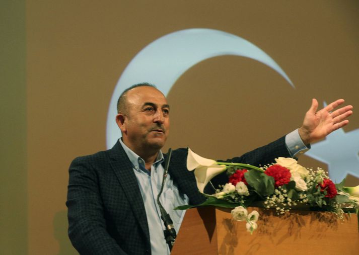 Mevlut Cavusoglu, utanríkisráðherra Tyrklands, flytur ræðu um fyrirhugaðar stjórnarskrárbreytingar á fundi í Frakklandi á sunnudag.