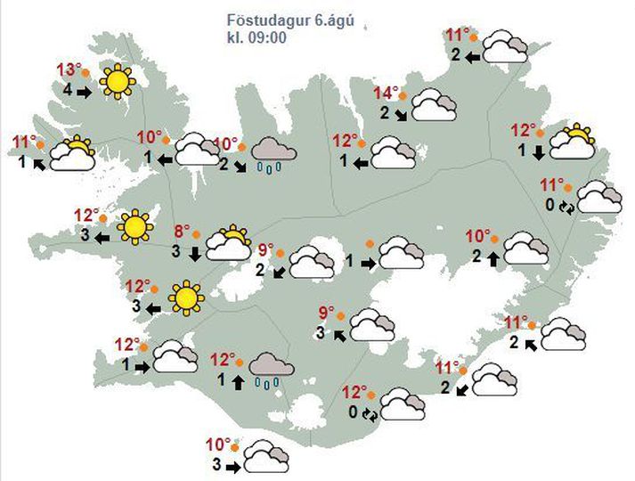 Áfram má búast við að rigni víða, einkum inn til landsins.