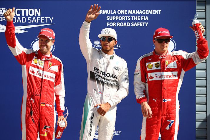 Þrír hröðustu menn dagsins, (t.h.) Sebastian Vettel, Lewis Hamilton og Kimi Raikkonen.