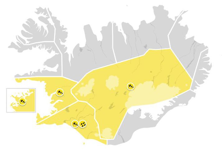 Gul viðvörun er á miðhálendinu, suðurlandi, höfuðborgarsvæðinu og Faxaflóa.