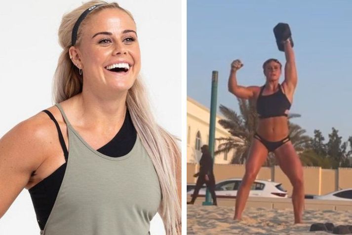 Sara Sigmundsdóttir sést hér við æfingar á ströndinni í Dúbaí.