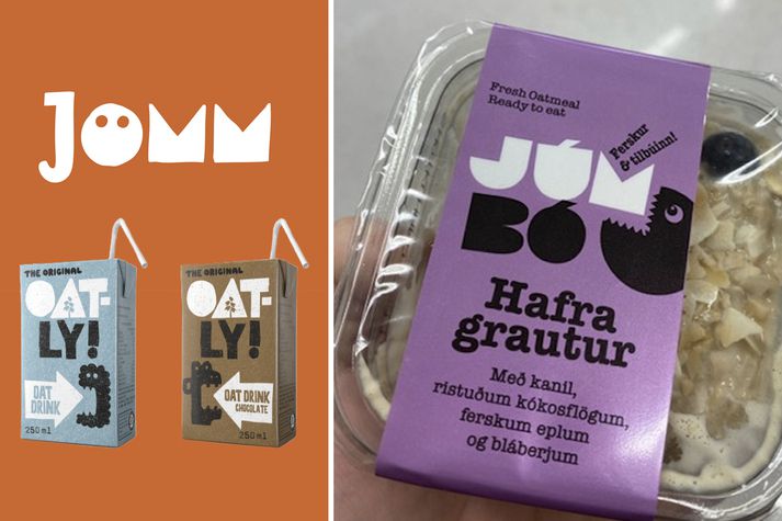 Á þessari samsettu mynd má sjá merkin þrjú, Jömm, Oatly og Júmbó.