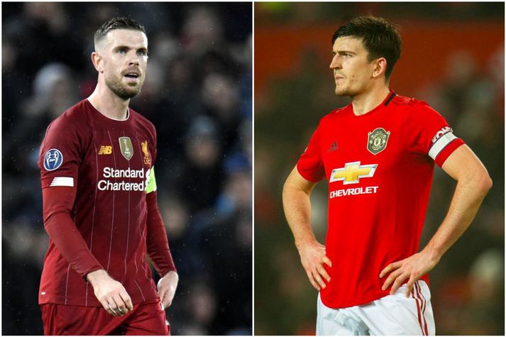 Jordan Henderson er fyrirliði toppliðsins Liverpool og Harry Maguire er fyrirliði Manchester United.